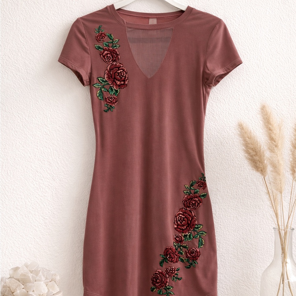 No Boundaries Rose Embroidered Mini Dress in Mauve